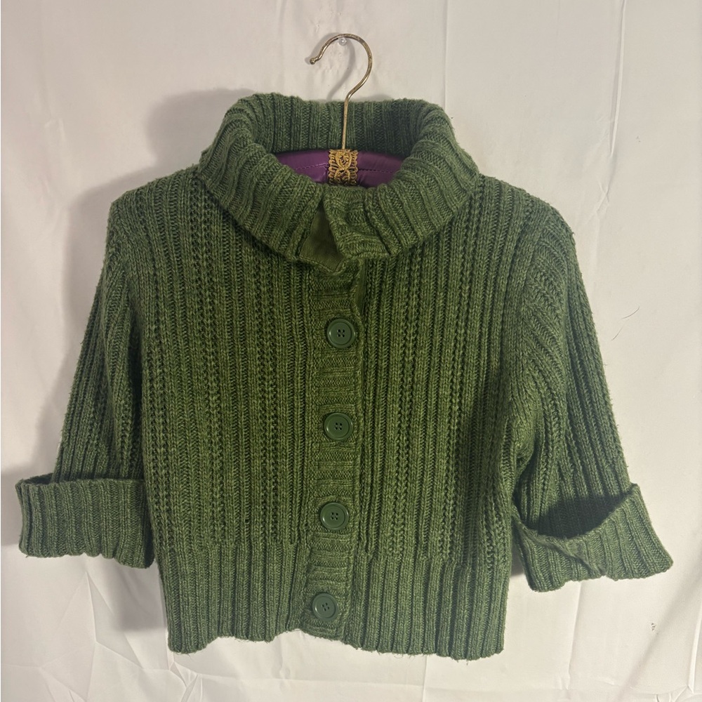 Y2K Chunky Green Cable Knit Collared Crop 3/4 Sleeve Sweater Size L - Picture 14 of 16
